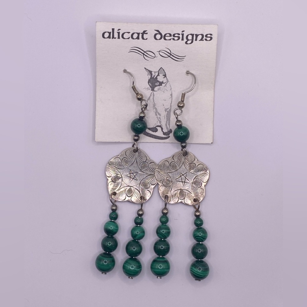NWT Hand-Made Silver and Green Dangle Earrings